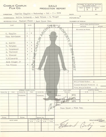 Daily production report dated October 1, 1919 in which a dosshouse set was used to shoot a trained-flea sequence.