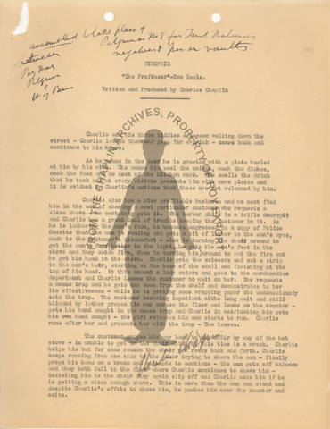 First page of the synopsis of The Professor from the Charlie Chaplin archives