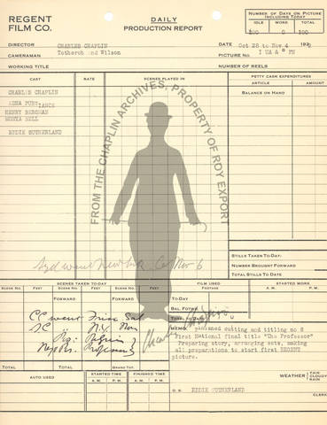 Daily Production Report dated October 28th – November 4th, 1922, which reads “Finished cutting and titling no. 8 First National final title ‘The Professor’.”