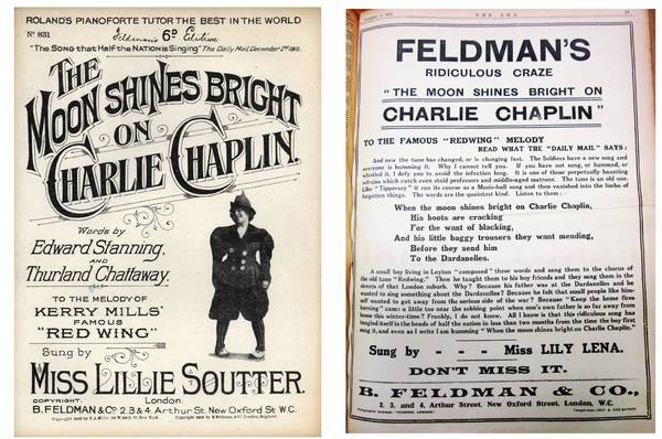 Cover & trade advertisement for "The Moon Shines Bright on Charlie Chaplin", 1915. Glenn Mitchell collection